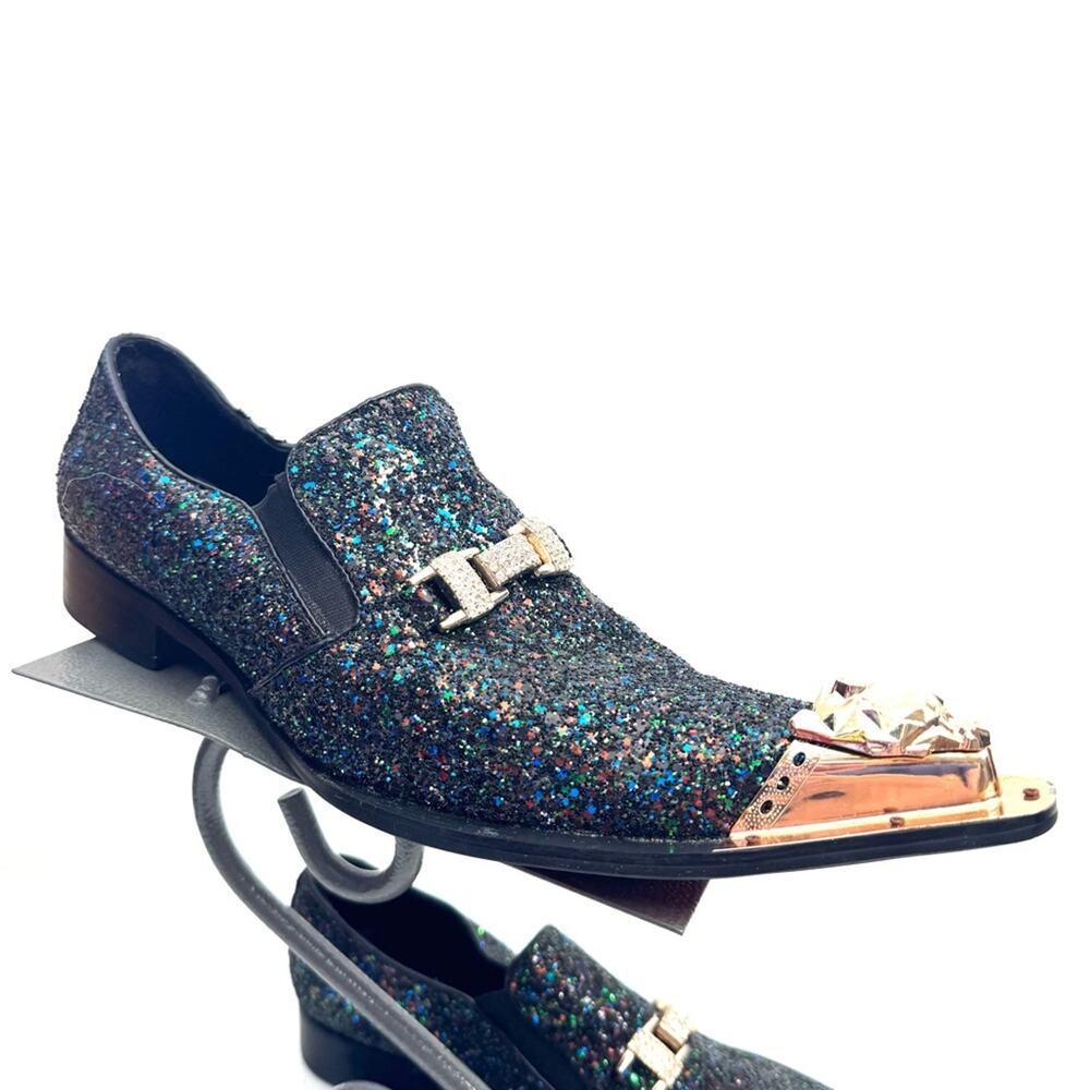 Fiesso Aurelio Garcia Black Glitter & Gold Red Bottom Dress Shoes Men’s Size 11